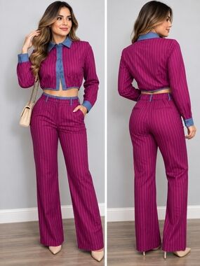 Two-Piece Pinstripe Crop Top & High-Waist Pants - Magenta with Blue Trim